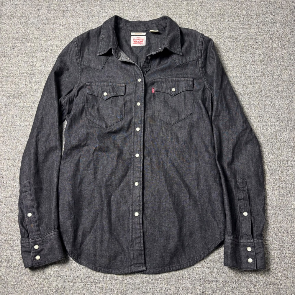 Levis Shirt Womens S Tailored Fit Dark Wash Western Pearl Snap Button Down